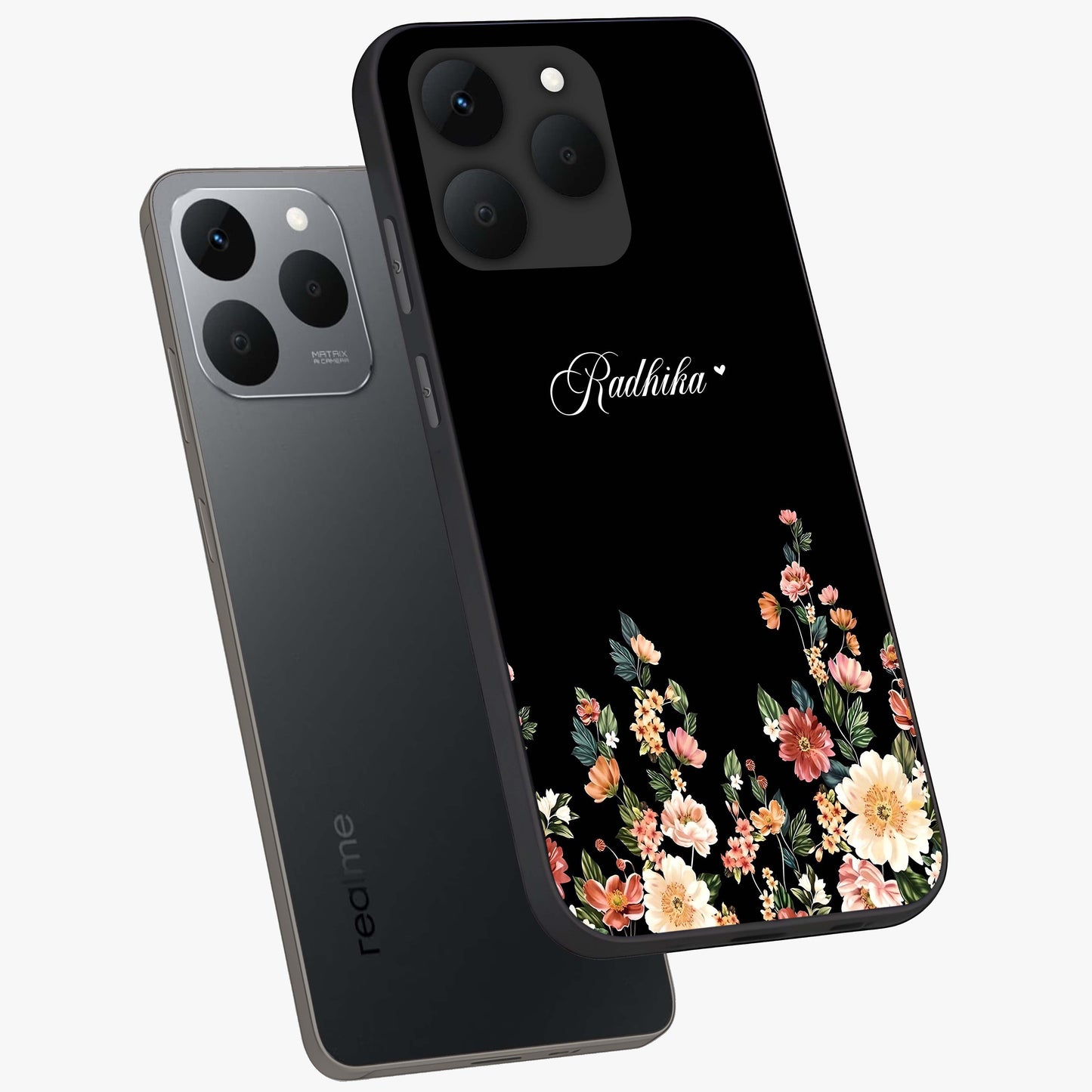 Floral Design With a Custom Personalized Name Glass Case displayed in angled mockup highlighting elegant floral pattern with custom name feature.