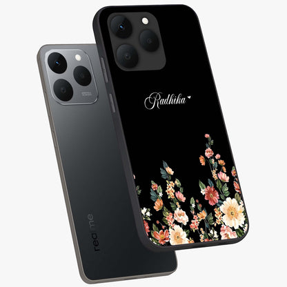Floral Design With a Custom Personalized Name Glass Case displayed in angled mockup highlighting elegant floral pattern with custom name feature.
