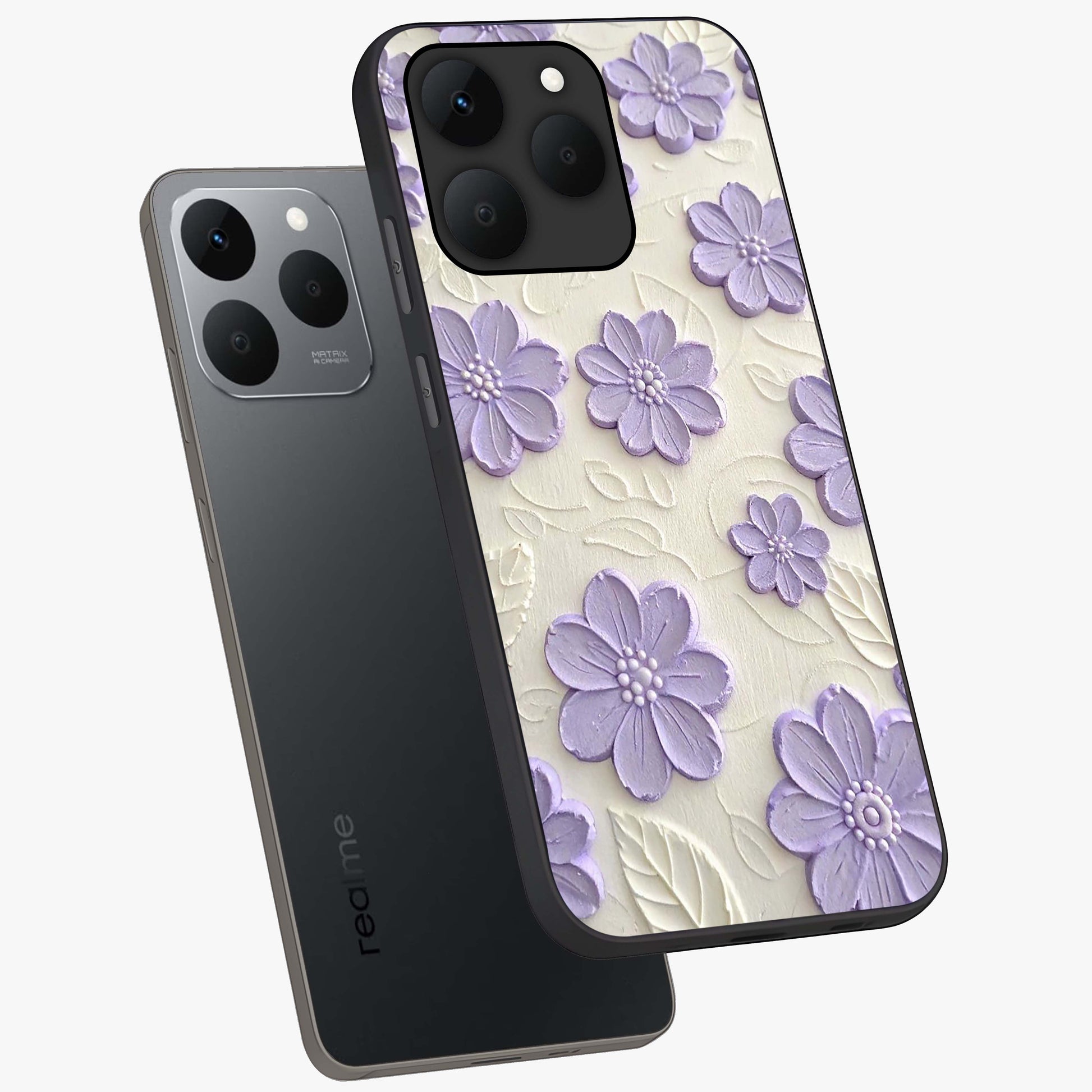Floral Wall Art With Purple Flowers Glass Case displayed in angled mockup highlighting vibrant purple floral illustration with artistic aesthetic.
