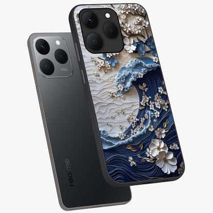 Floral Wave Origami Glass Case displayed in angled mockup highlighting geometric origami flower design with modern aesthetic style.