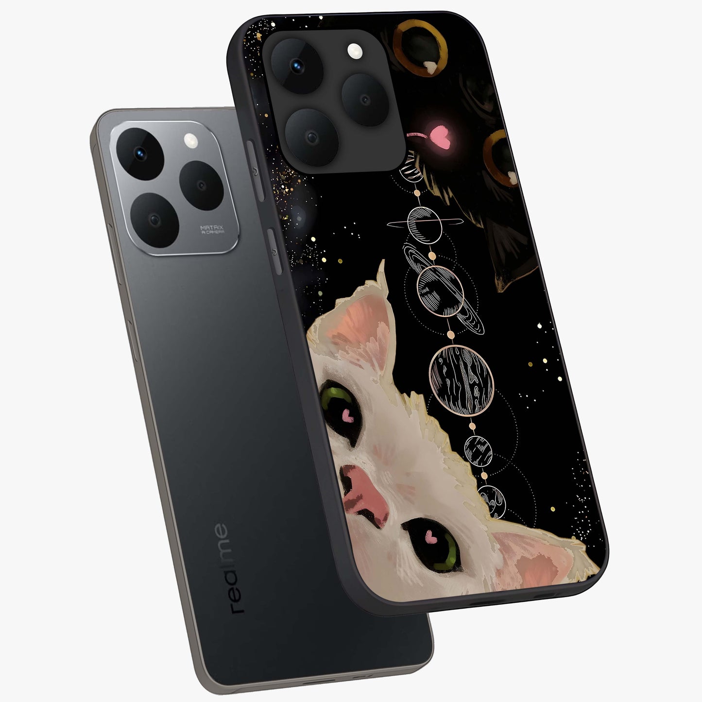 Galactic Cat Glass Case displayed in angled mockup highlighting celestial feline illustration with galaxy aesthetic style.