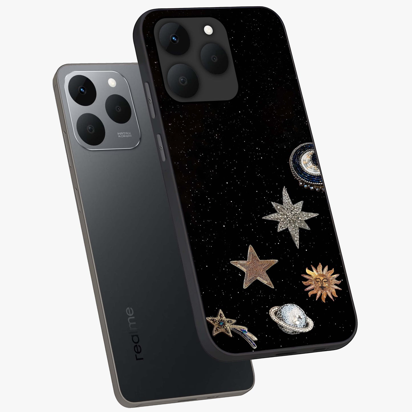 Galactic Charm Glow Glass Case displayed in angled mockup highlighting luminous galaxy inspired design with dreamy aesthetic.