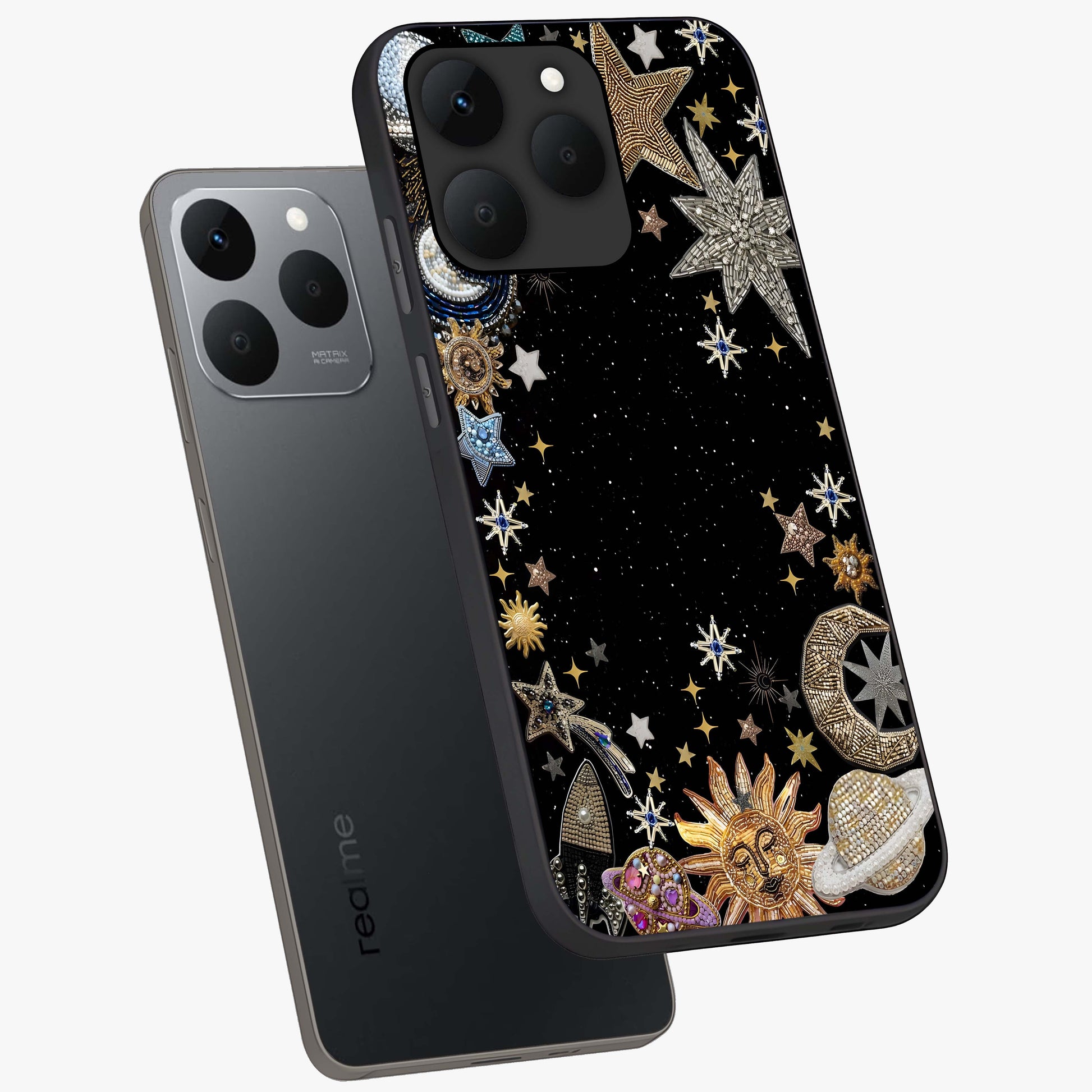 Galactic Jewel Stars Glass Case displayed in angled mockup highlighting shining celestial star design with cosmic aesthetic style.