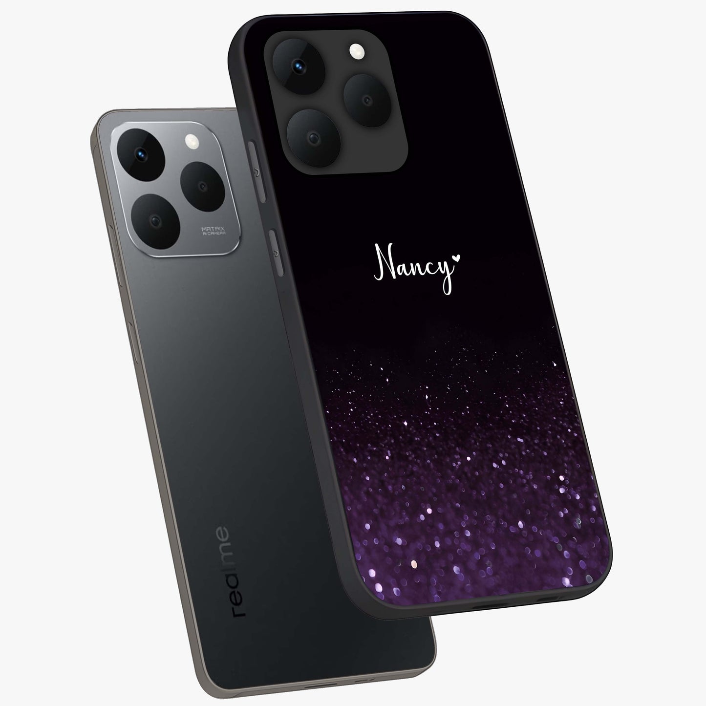 Glittery Purple Bokeh Custom Name Glass Case displayed in angled mockup highlighting glitter bokeh pattern with custom name feature.