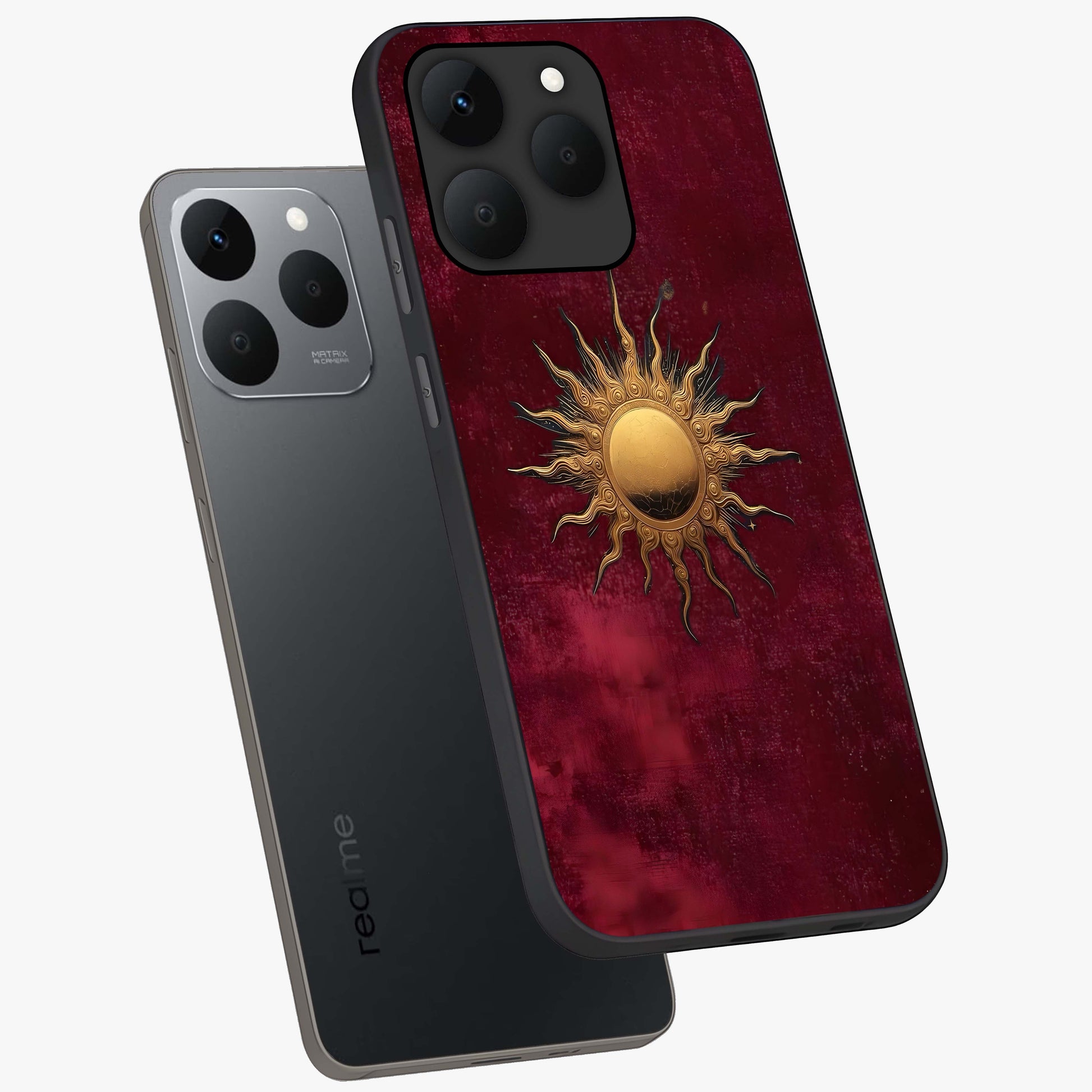 Golden Sun Minimalism Glass Case displayed in angled mockup highlighting clean sun symbol design with modern minimal aesthetic.