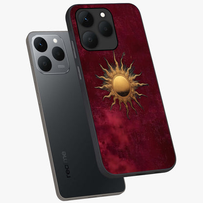 Golden Sun Minimalism Glass Case displayed in angled mockup highlighting clean sun symbol design with modern minimal aesthetic.