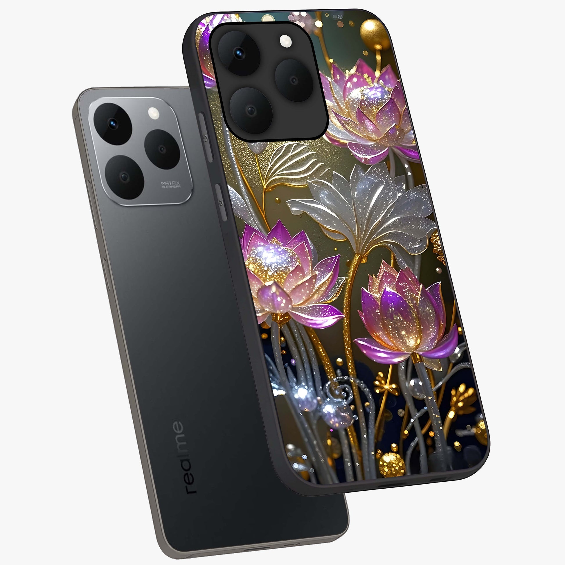 Golden Floral Majesty Glass Case displayed in angled mockup highlighting elegant flower design with royal golden aesthetic.