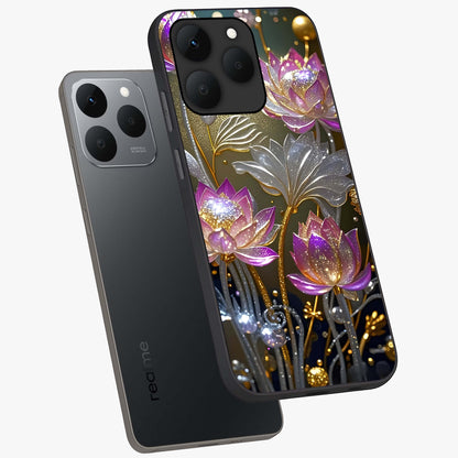 Golden Floral Majesty Glass Case displayed in angled mockup highlighting elegant flower design with royal golden aesthetic.