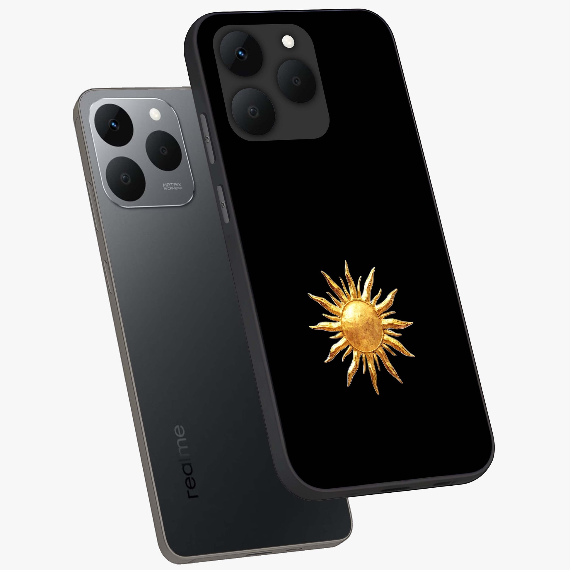 Golden Sun Minimalism Glass Case displayed in angled mockup highlighting eerie shadow illustration with gothic aesthetic.