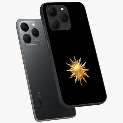 Golden Sun Minimalism Glass Case displayed in angled mockup highlighting eerie shadow illustration with gothic aesthetic.