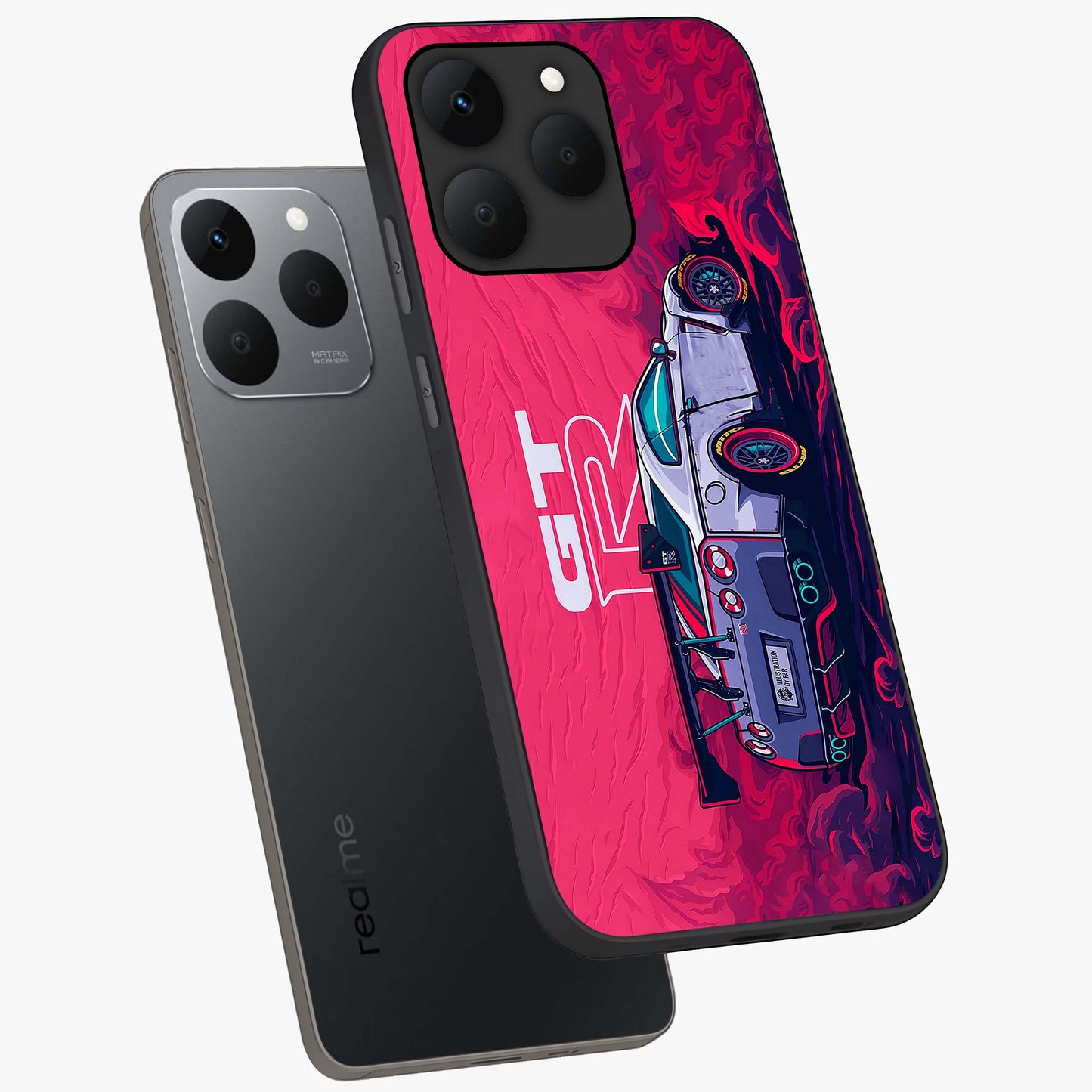 GT-R Car Pattern Glass Case displayed in angled mockup highlighting racing car graphic design with bold automotive aesthetic.