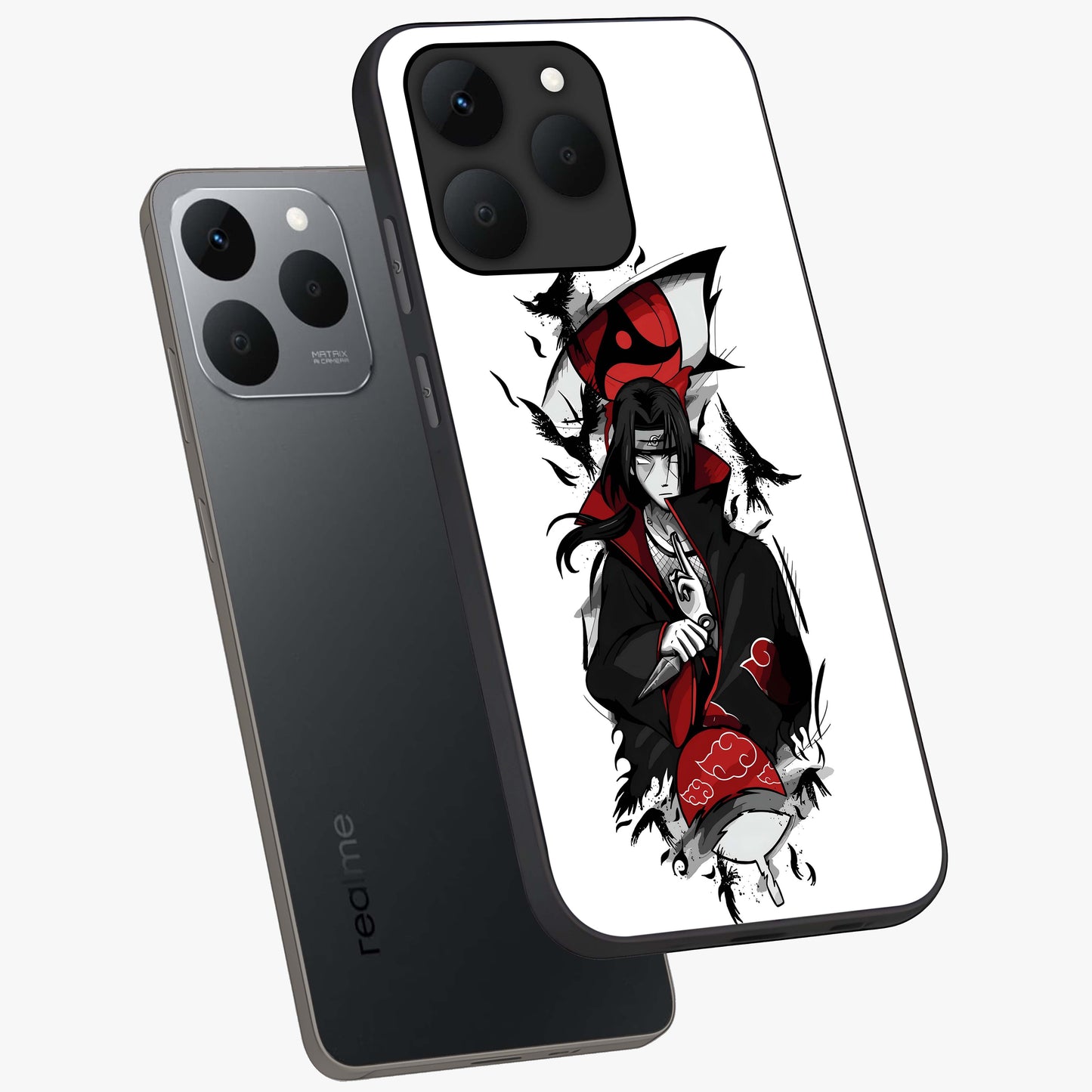 Itachi Limited Edition Naruto Anime Glass Case displayed in angled mockup highlighting dramatic anime illustration with bold action aesthetic.