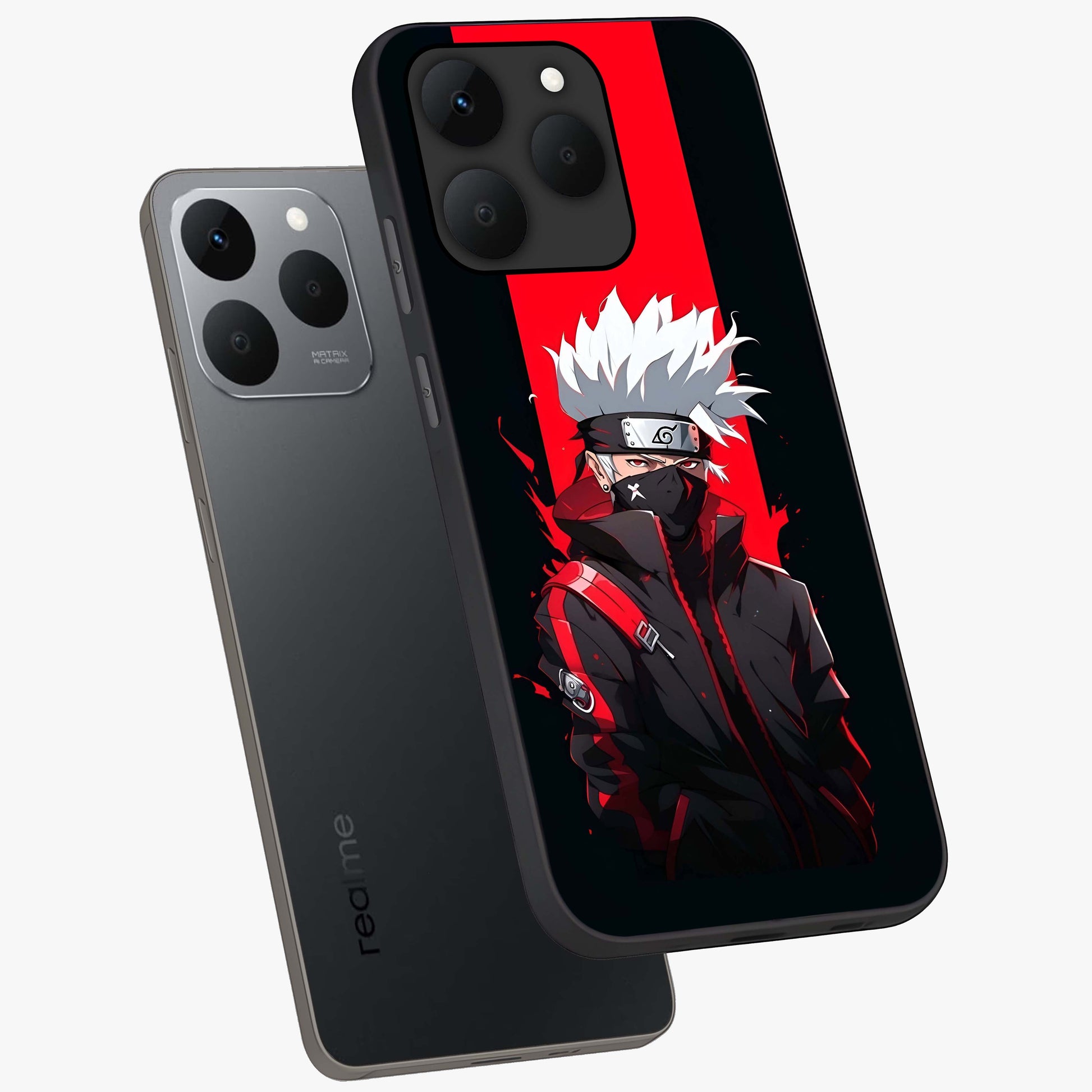 Kakashi Scarlet Shadow Glass Case displayed in angled mockup highlighting dramatic ninja illustration with scarlet themed aesthetic.