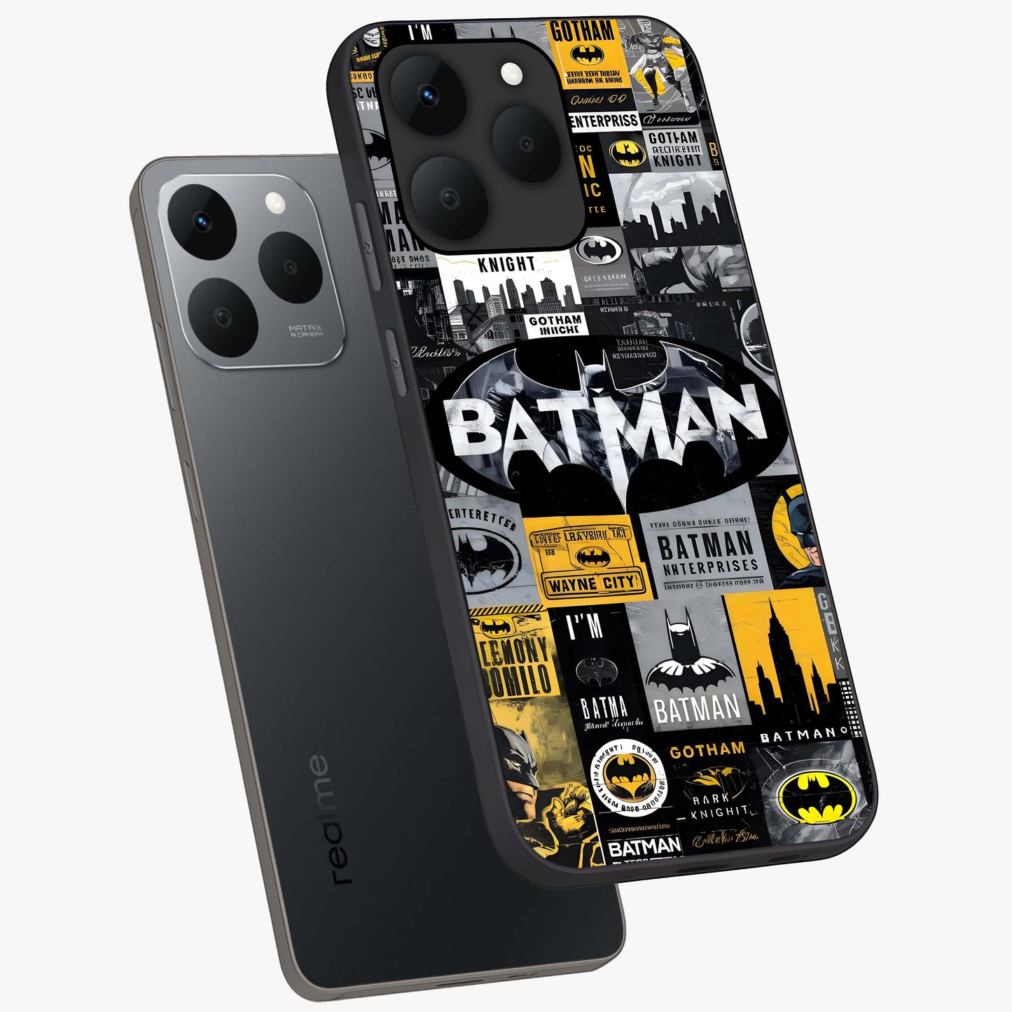 Knight Gotham Rise Glass Case displayed in angled mockup highlighting powerful knight silhouette design with dramatic aesthetic.