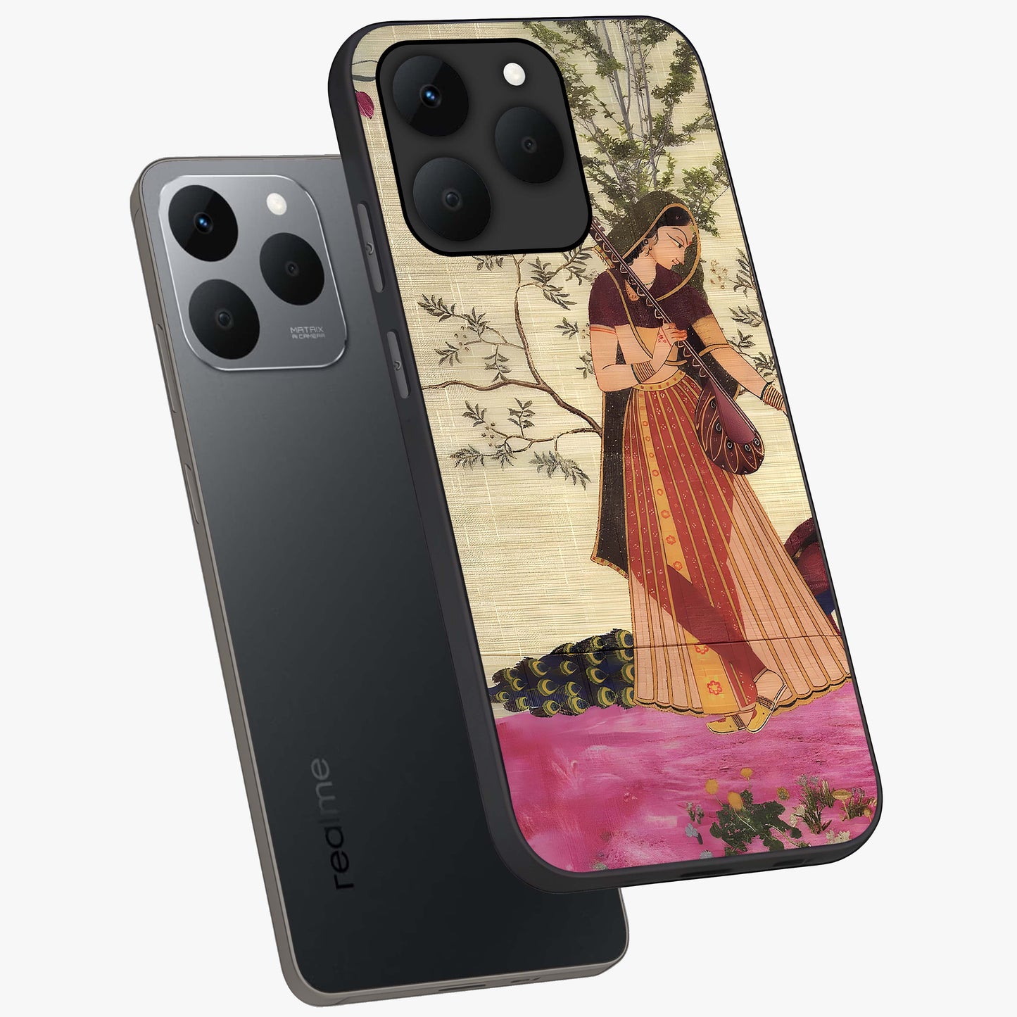 Lady With Veena Art Glass Case displayed in angled mockup highlighting graceful musical illustration with cultural artistic aesthetic.
