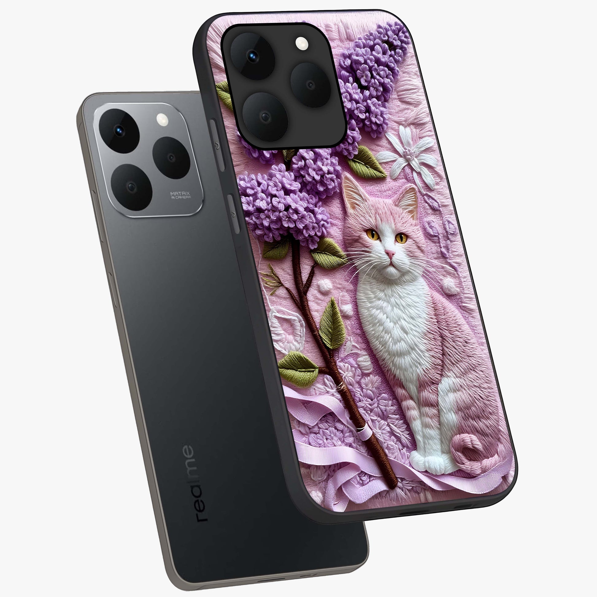 Lavender Cat Whimsy Glass Case displayed in angled mockup highlighting playful feline illustration with pastel lavender aesthetic.