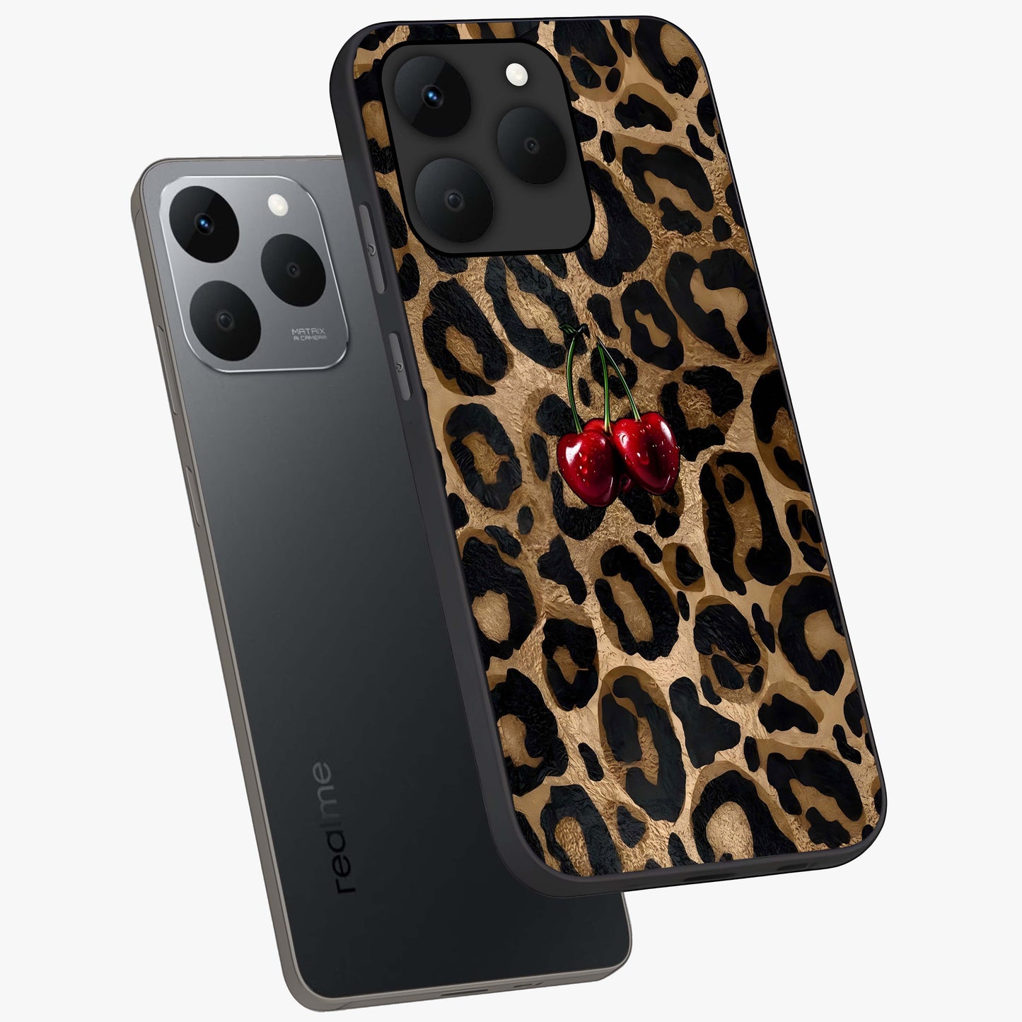 Leopard Wild Cherry Glass Case displayed in angled mockup highlighting bold animal print design with playful cherry aesthetic.