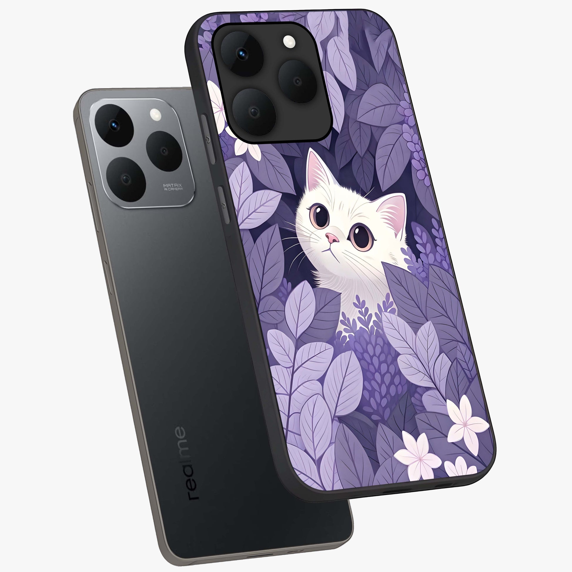 Lilac Hide Peek Cat Glass Case displayed in angled mockup highlighting playful feline illustration with lilac aesthetic design.