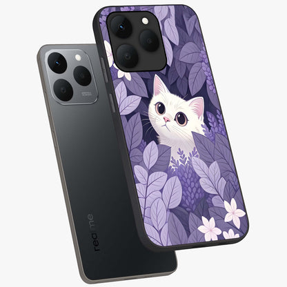 Lilac Hide Peek Cat Glass Case displayed in angled mockup highlighting playful feline illustration with lilac aesthetic design.