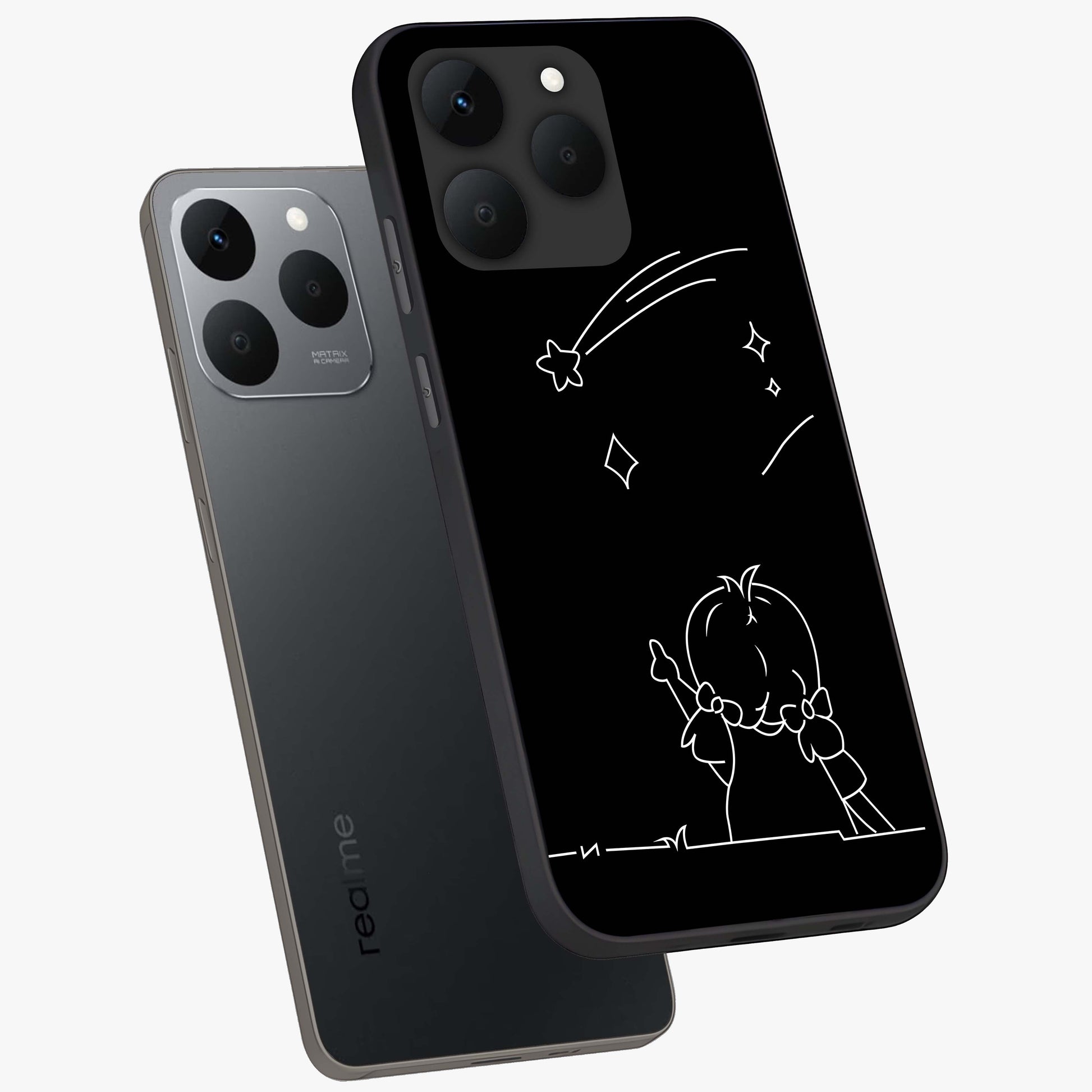 Line Art Girl With Shooting Stars Glass Case displayed in angled mockup highlighting elegant line art design with dreamy star aesthetic.