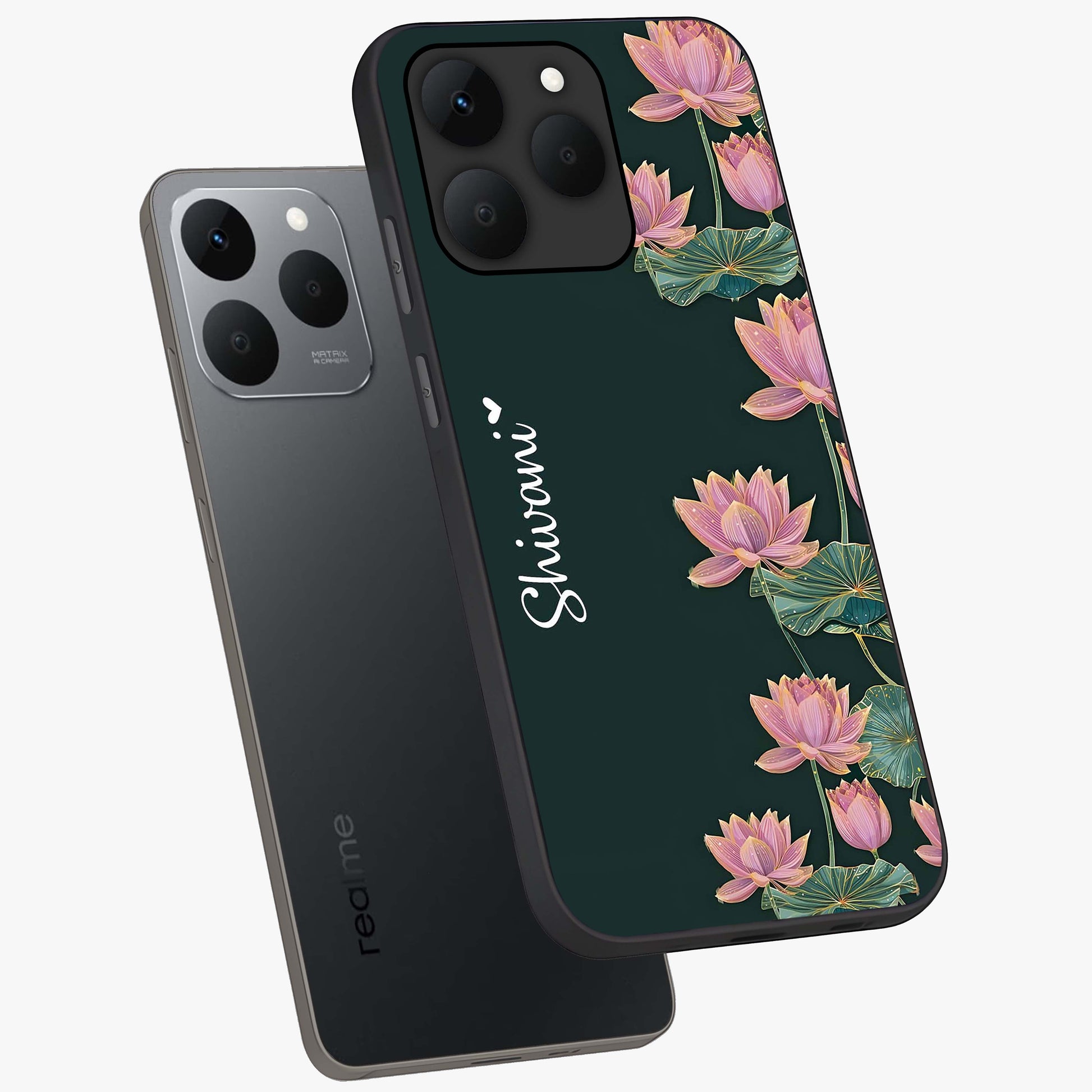 Lotus Bloom Serenity Custom Name Glass Case displayed in angled mockup highlighting graceful lotus illustration with custom name feature.