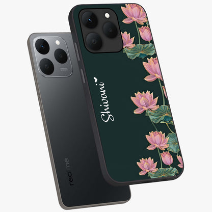 Lotus Bloom Serenity Custom Name Glass Case displayed in angled mockup highlighting graceful lotus illustration with custom name feature.