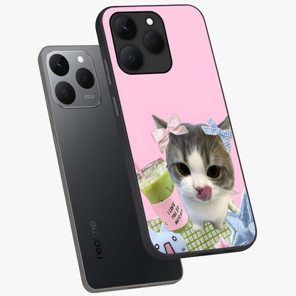 Love Matcha Cat Glass Case displayed in angled mockup highlighting playful feline illustration with cozy matcha aesthetic.