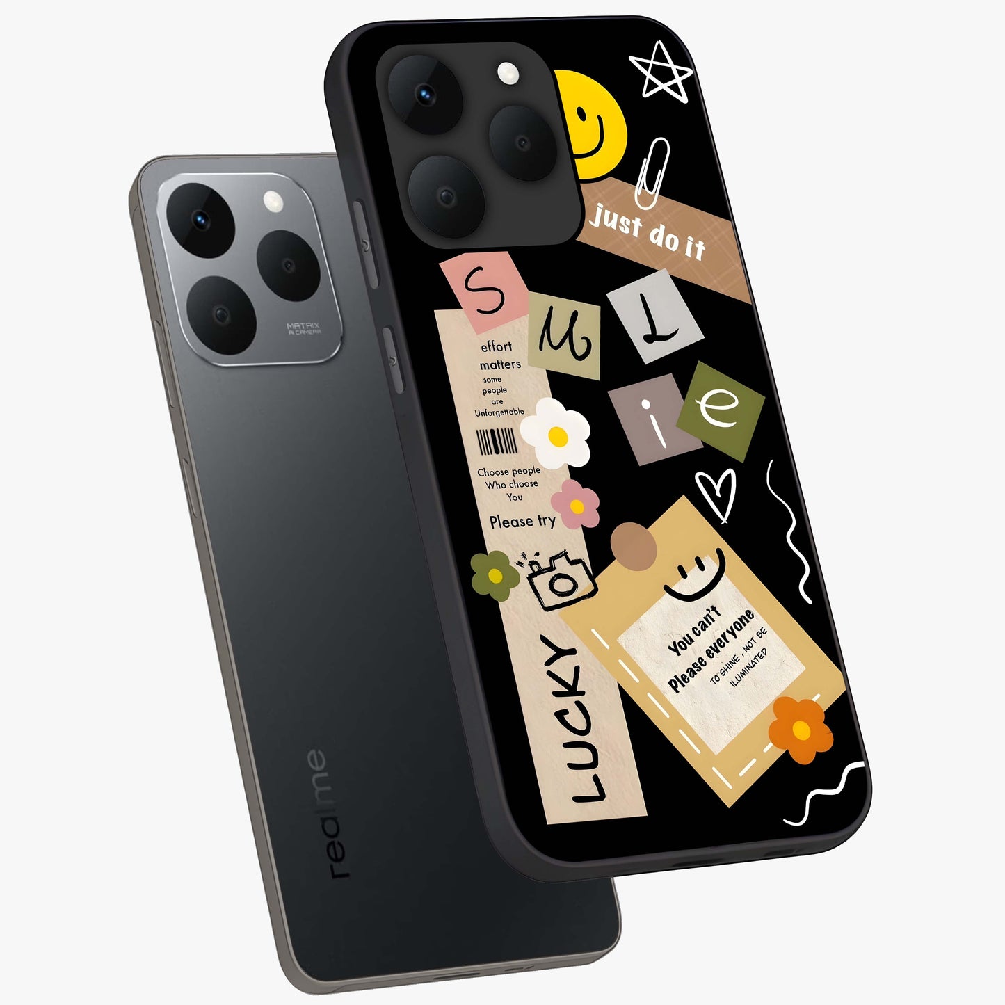 Lucky Aesthetic Collage Glass Case displayed in angled mockup highlighting stylish collage pattern with modern aesthetic vibe.