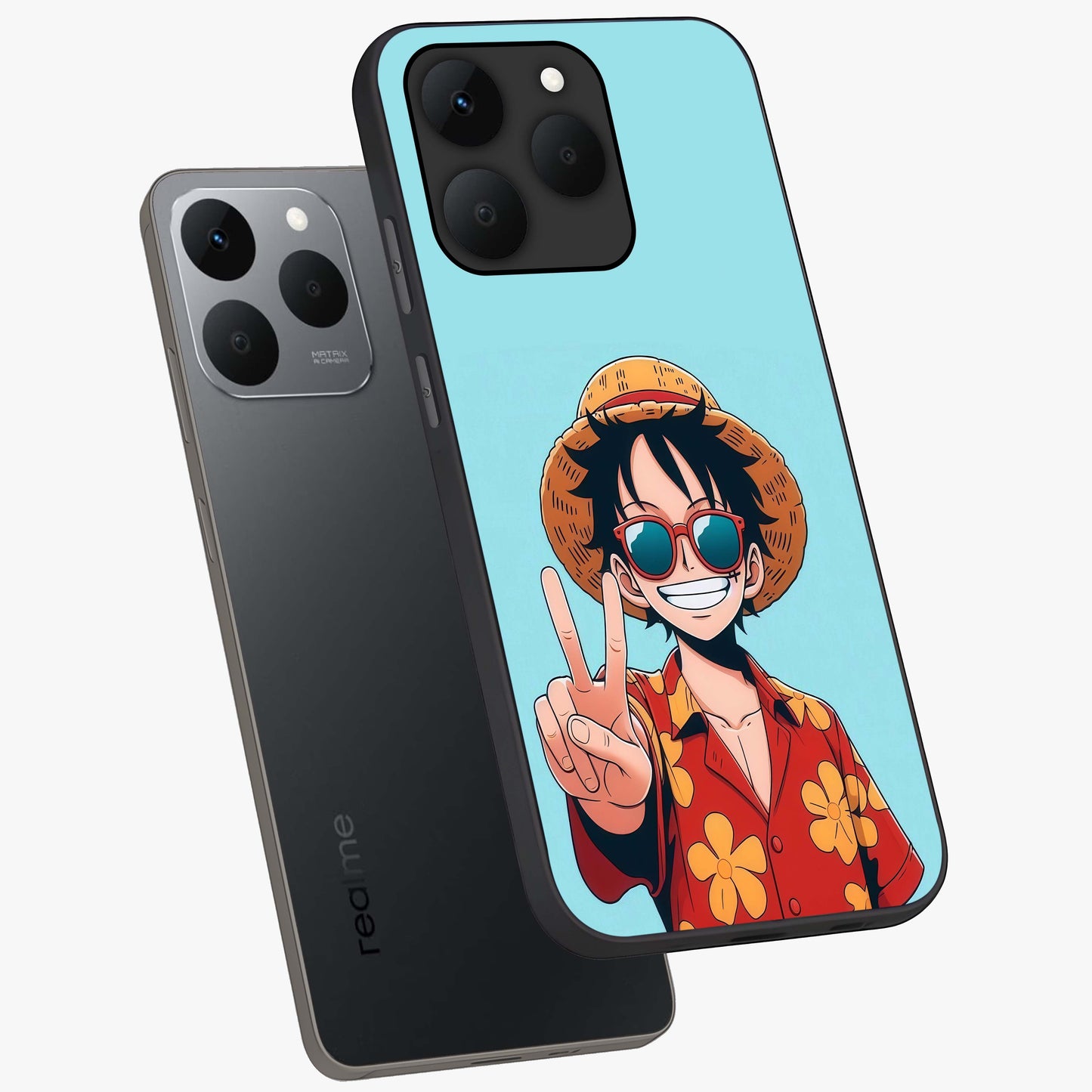Luffy Summer Anime Vibe Glass Case displayed in angled mockup highlighting energetic anime illustration with summer vibe aesthetic.