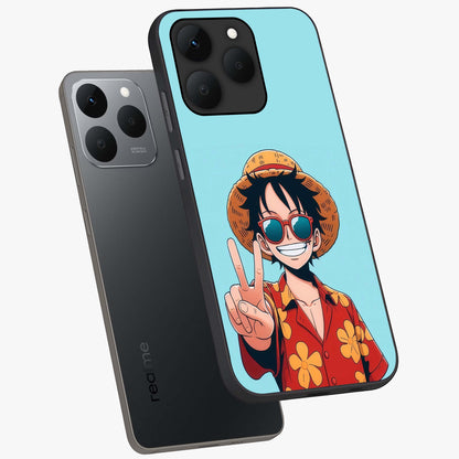 Luffy Summer Anime Vibe Glass Case displayed in angled mockup highlighting energetic anime illustration with summer vibe aesthetic.