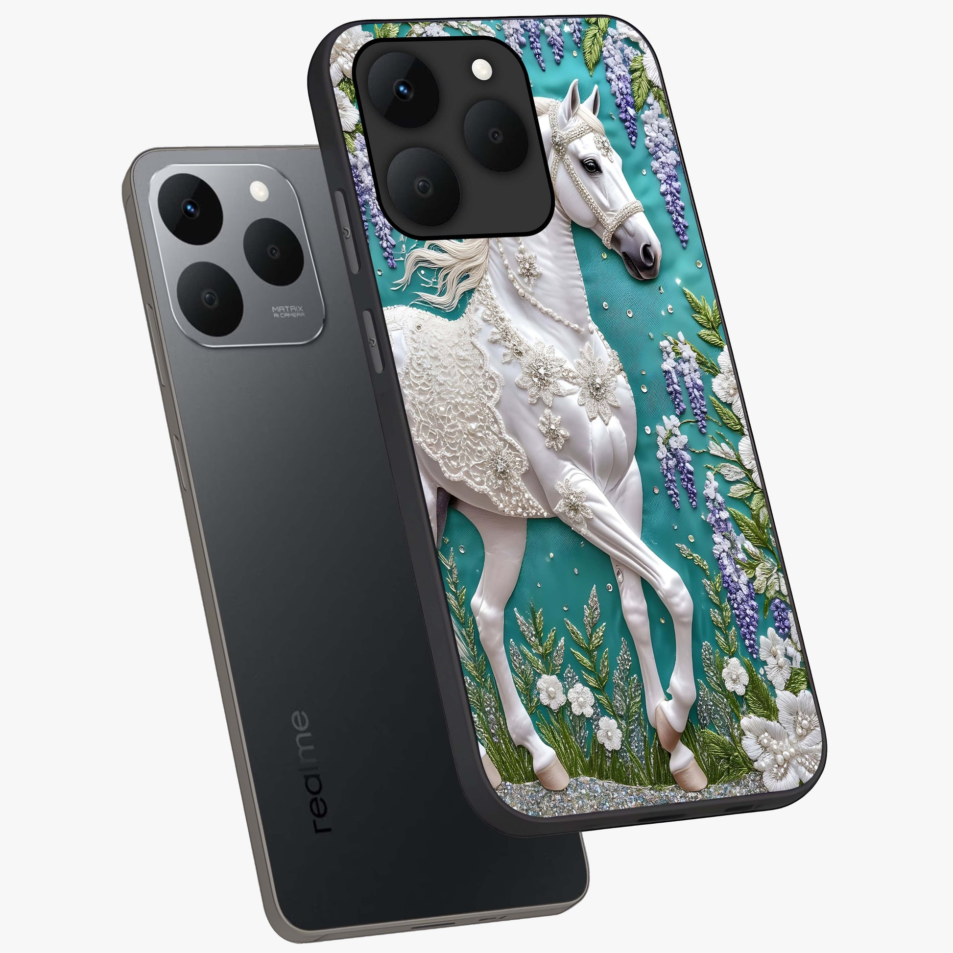 Majestic Floral Stallion Glass Case displayed in angled mockup highlighting majestic stallion illustration with elegant floral aesthetic.