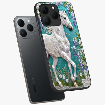 Majestic Floral Stallion Glass Case displayed in angled mockup highlighting majestic stallion illustration with elegant floral aesthetic.