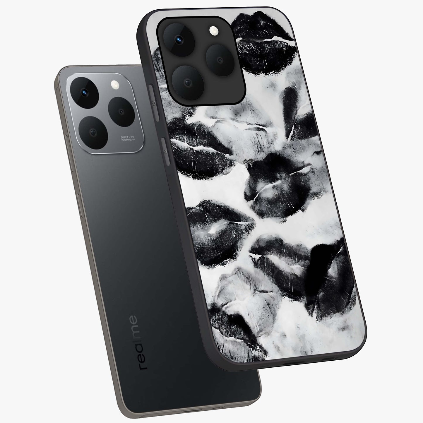 Midnight Kiss Marks Glass Case displayed in angled mockup highlighting playful romantic design with bold midnight aesthetic.