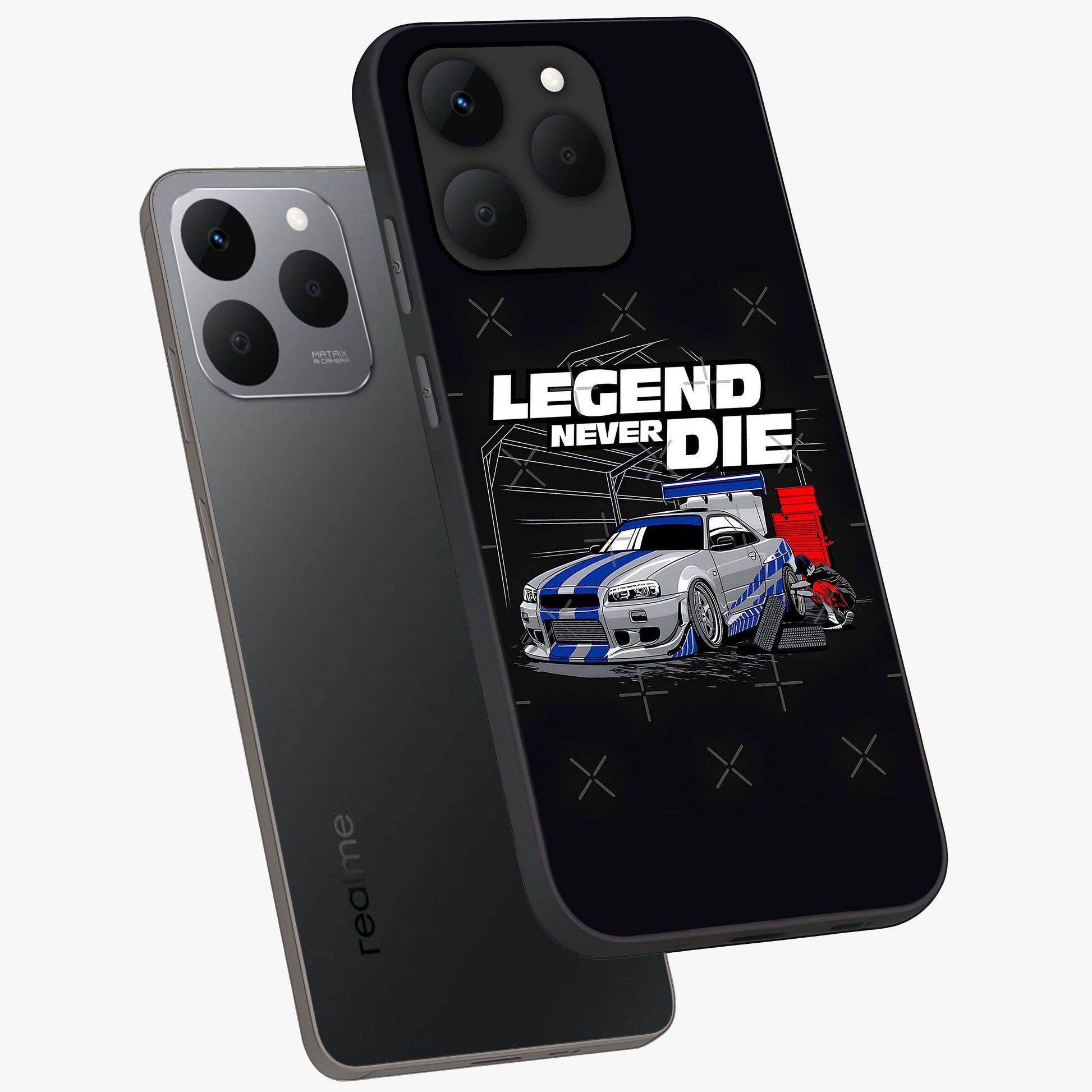 Midnight Racing Legacy Glass Case displayed in angled mockup highlighting dynamic automotive design with bold midnight aesthetic.