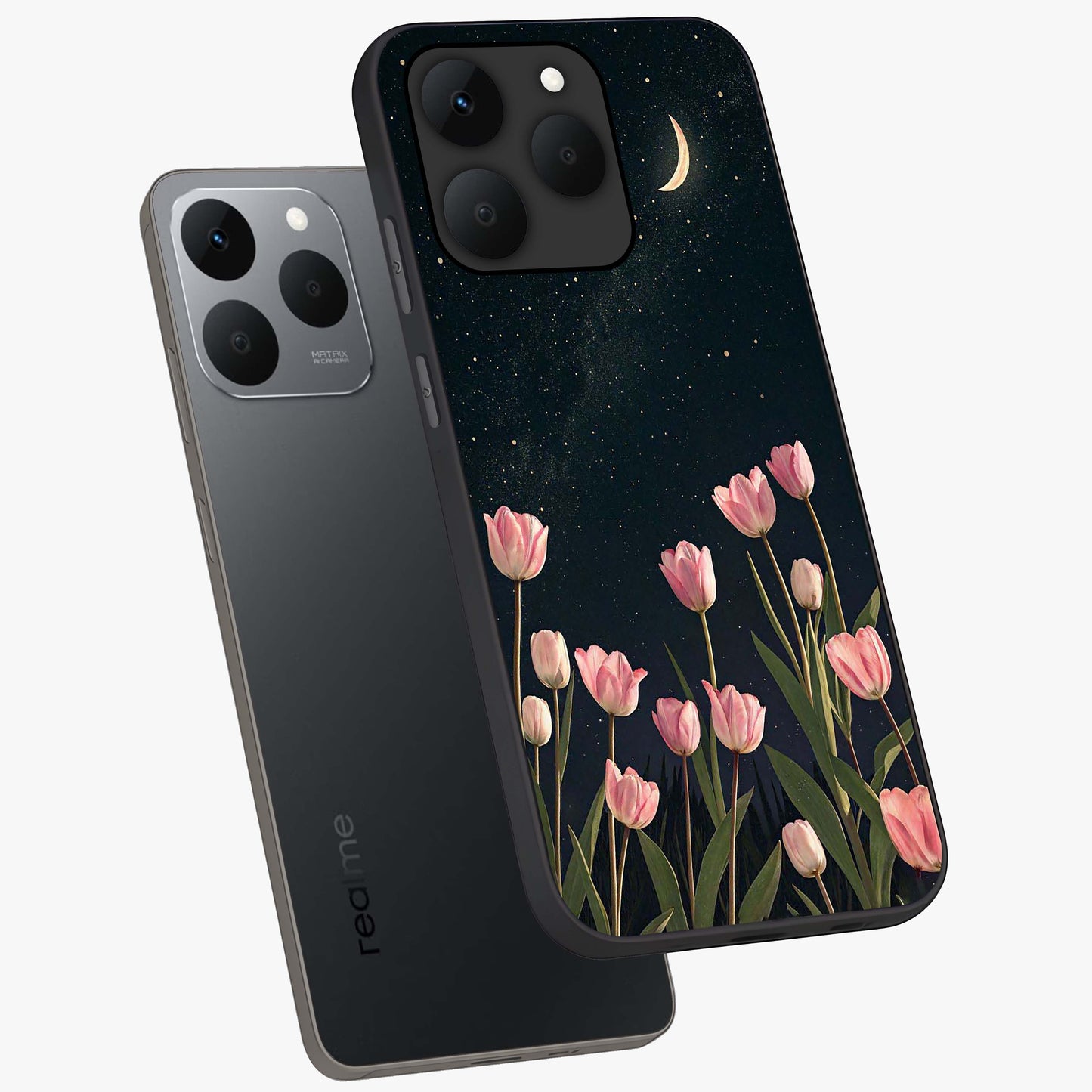 Midnight Tulip Whispers Vibe Glass Case displayed in angled mockup highlighting delicate tulip design with midnight floral aesthetic.