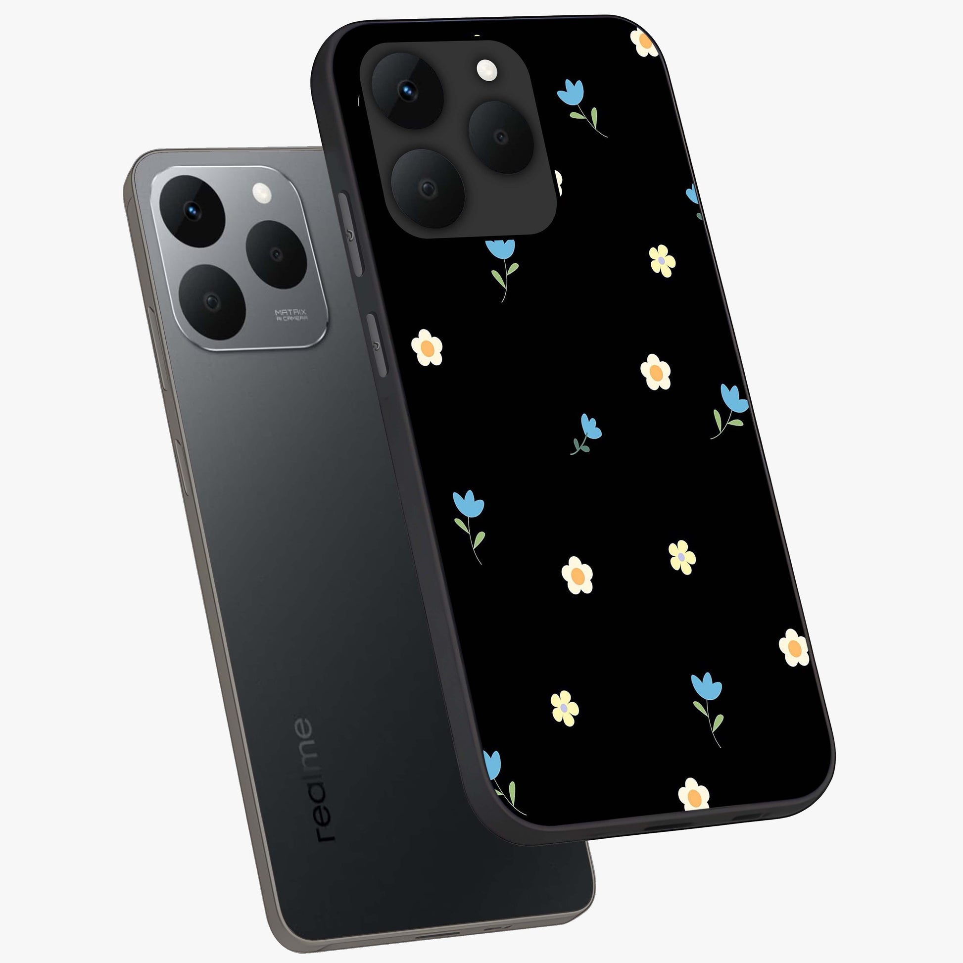 Minimal Petal Whispers Glass Case displayed in angled mockup highlighting delicate petal design with clean minimal aesthetic.