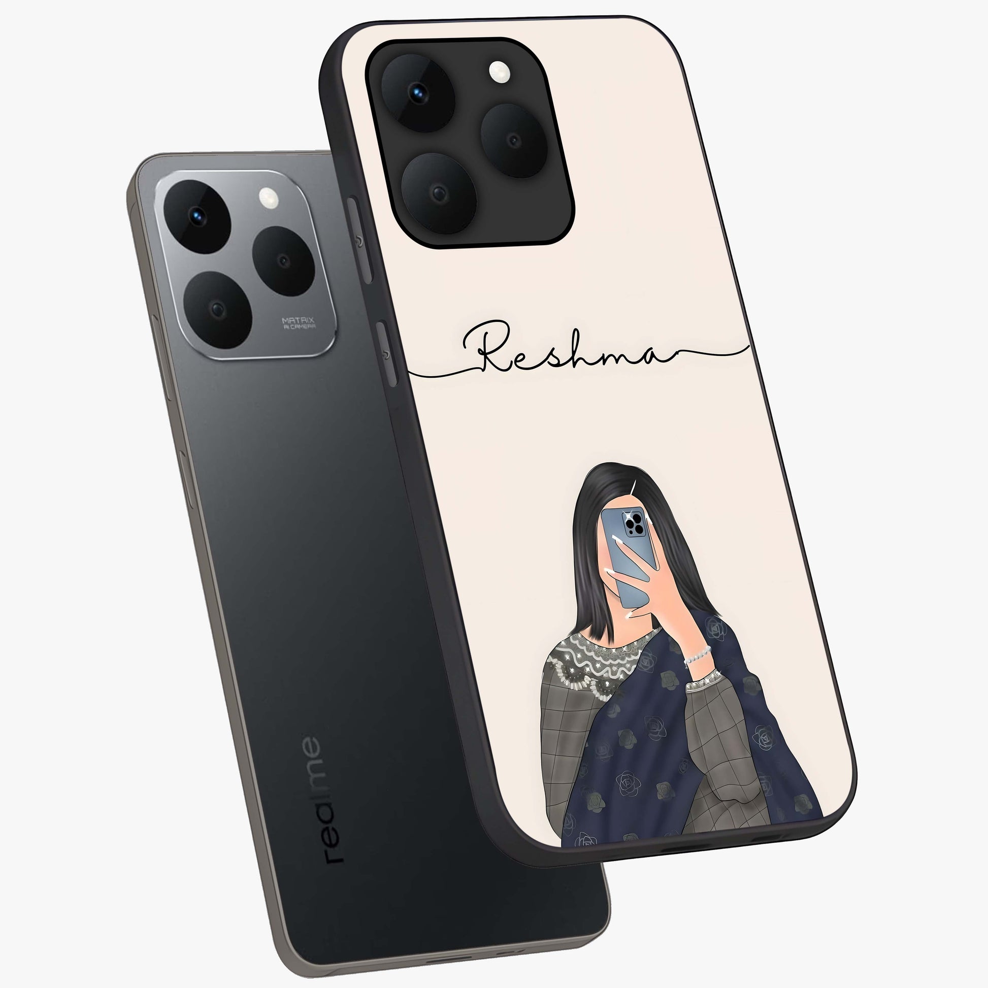 Mirror Mood Muse With Custom Name Glass Case displayed in angled mockup highlighting aesthetic mirror inspired design with custom name feature.