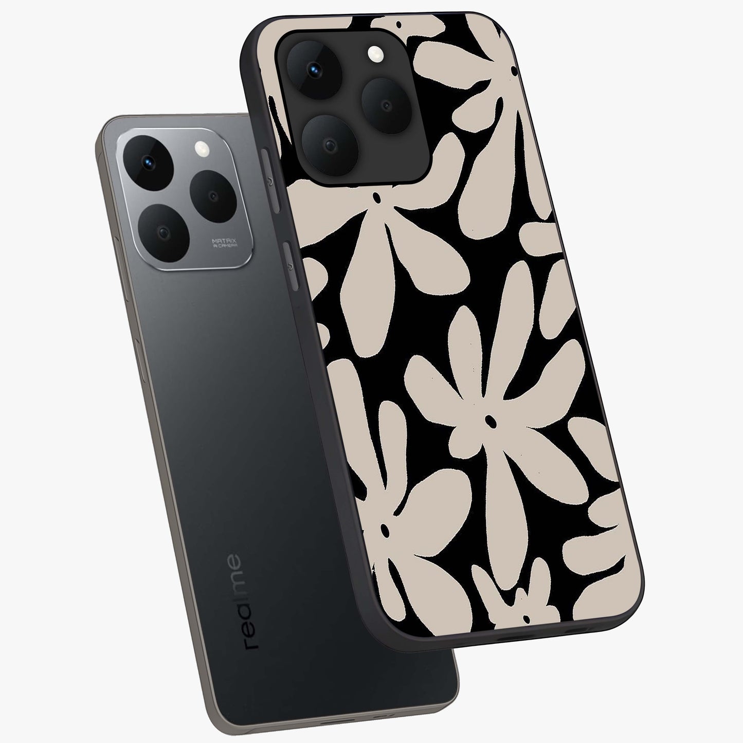 Monochrome Petal Dance Glass Case displayed in angled mockup highlighting elegant petal design with black and white aesthetic.