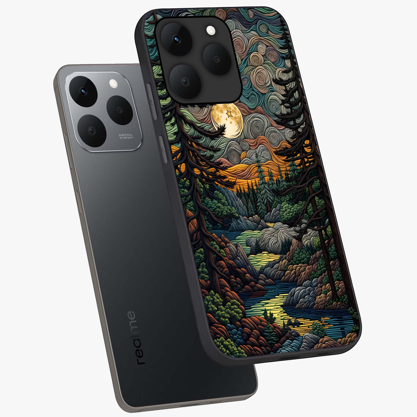 Moonlight Forest Dream Glass Case displayed in angled mockup highlighting dreamy forest design with glowing moon aesthetic.