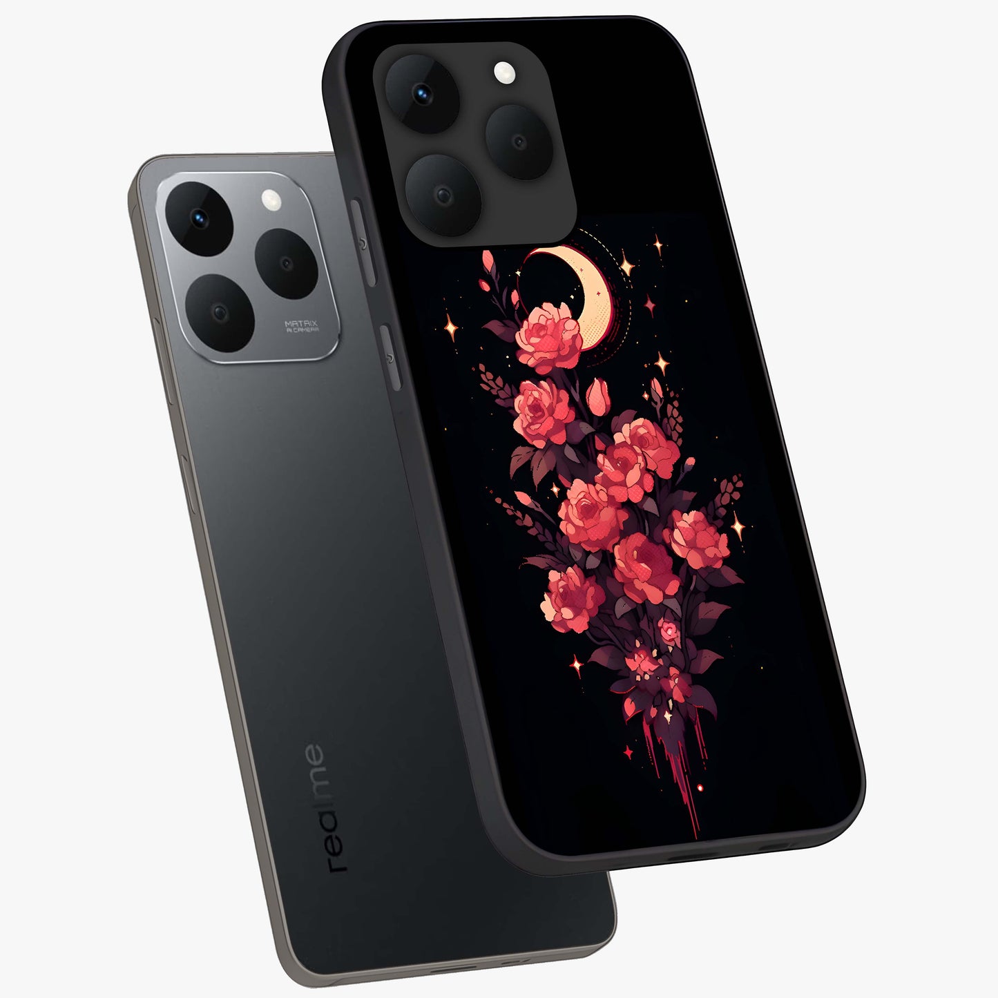 Moonlit Floral Elegance Glass Case displayed in angled mockup highlighting graceful flower design with soft moonlight aesthetic.