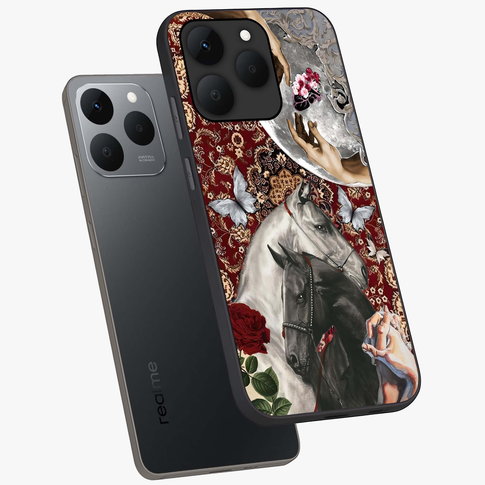 Moonlit Royal Stallion Glass Case displayed in angled mockup highlighting powerful stallion illustration with royal night aesthetic.