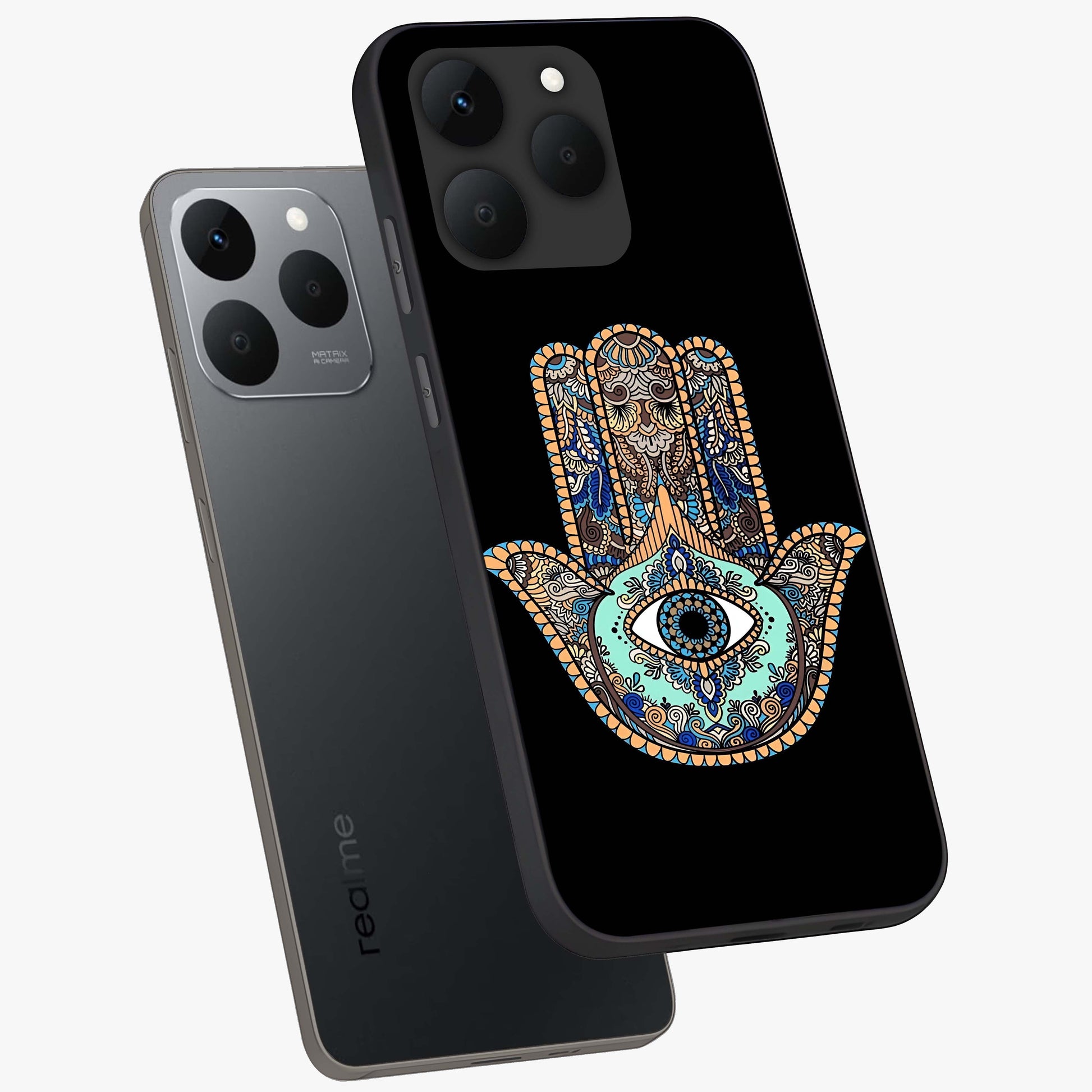 Mystic Hamsa Eye Glass Case displayed in angled mockup highlighting spiritual hamsa symbol with mystical aesthetic style.