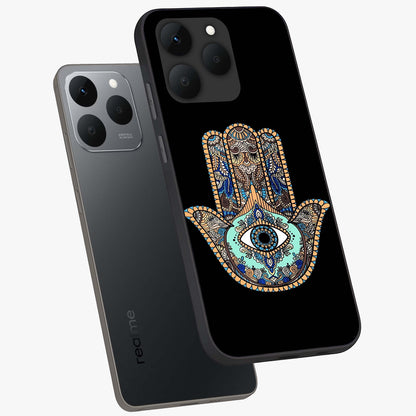 Mystic Hamsa Eye Glass Case displayed in angled mockup highlighting spiritual hamsa symbol with mystical aesthetic style.