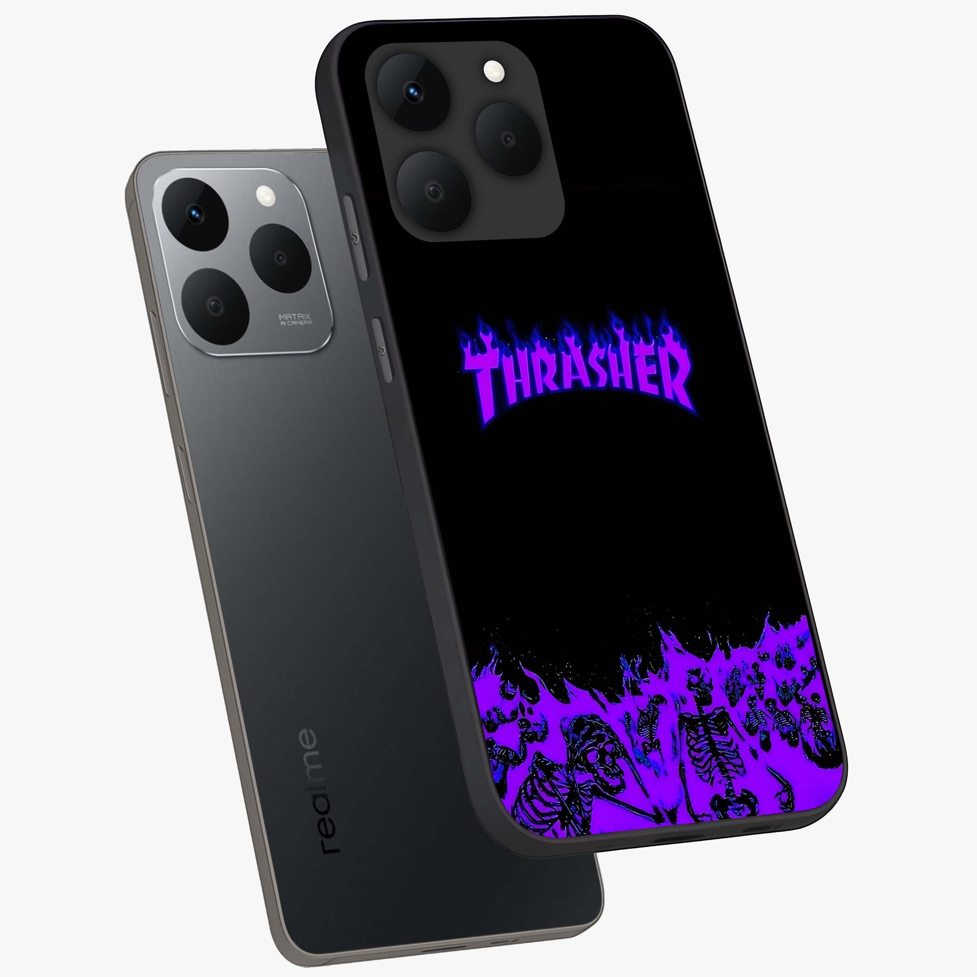 Neon Flame Riot Glass Case displayed in angled mockup highlighting glowing flame design with vibrant neon aesthetic.