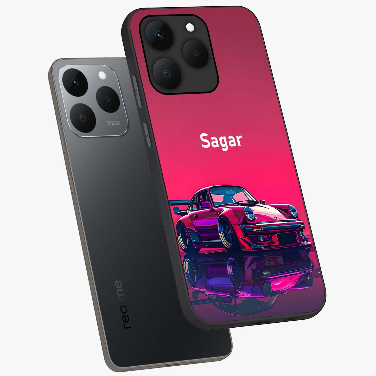 Neon Pink Porsche Glass Case displayed in angled mockup highlighting sleek neon pink car design with racing aesthetic.