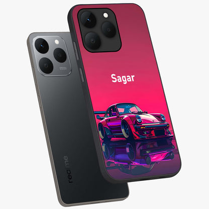 Neon Pink Porsche Glass Case displayed in angled mockup highlighting sleek neon pink car design with racing aesthetic.
