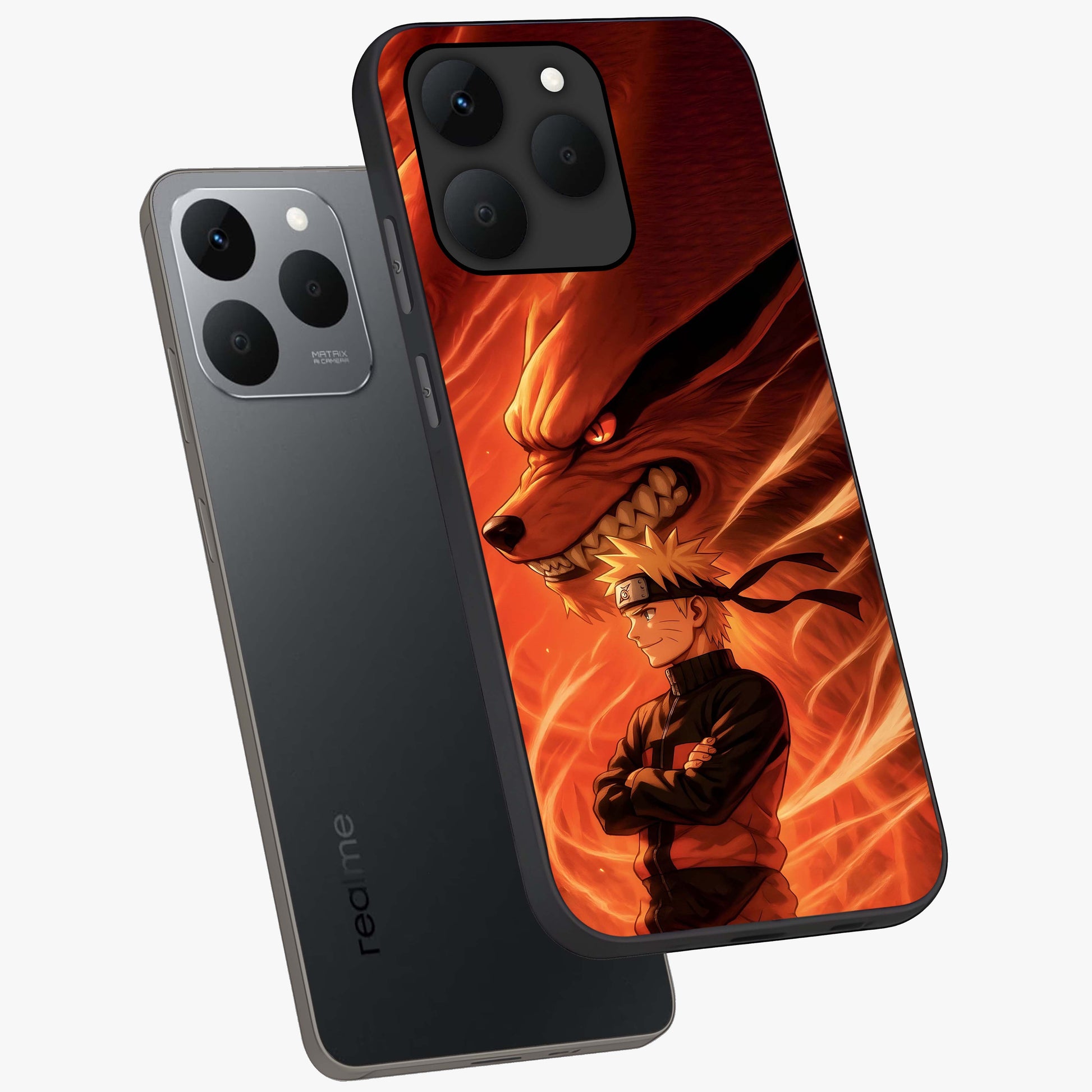 Nine Tails Legacy Glass Case displayed in angled mockup highlighting dynamic anime beast illustration with bold mystical aesthetic.