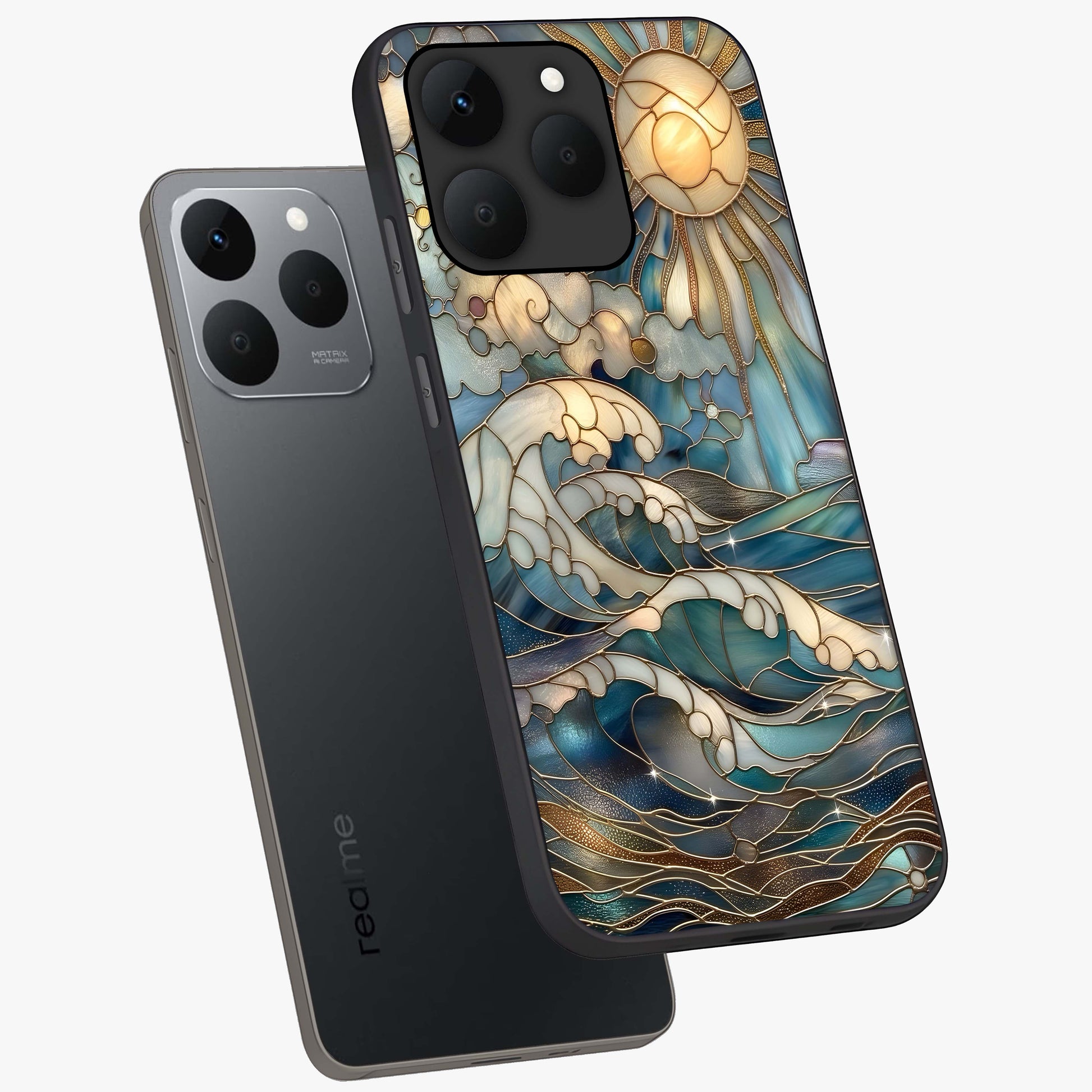 Oceanic Stained Printed Glass Case displayed in angled mockup highlighting colorful aquatic design with artistic aesthetic style.