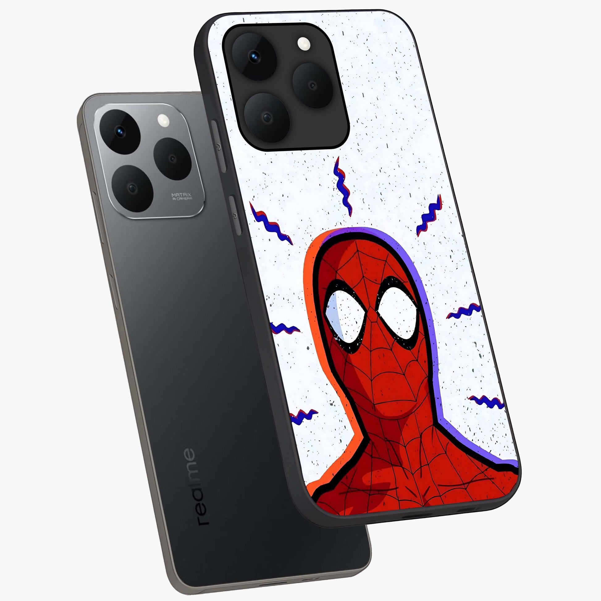 Omg Spiderman Glass Case displayed in angled mockup highlighting dynamic hero illustration with action comic aesthetic.