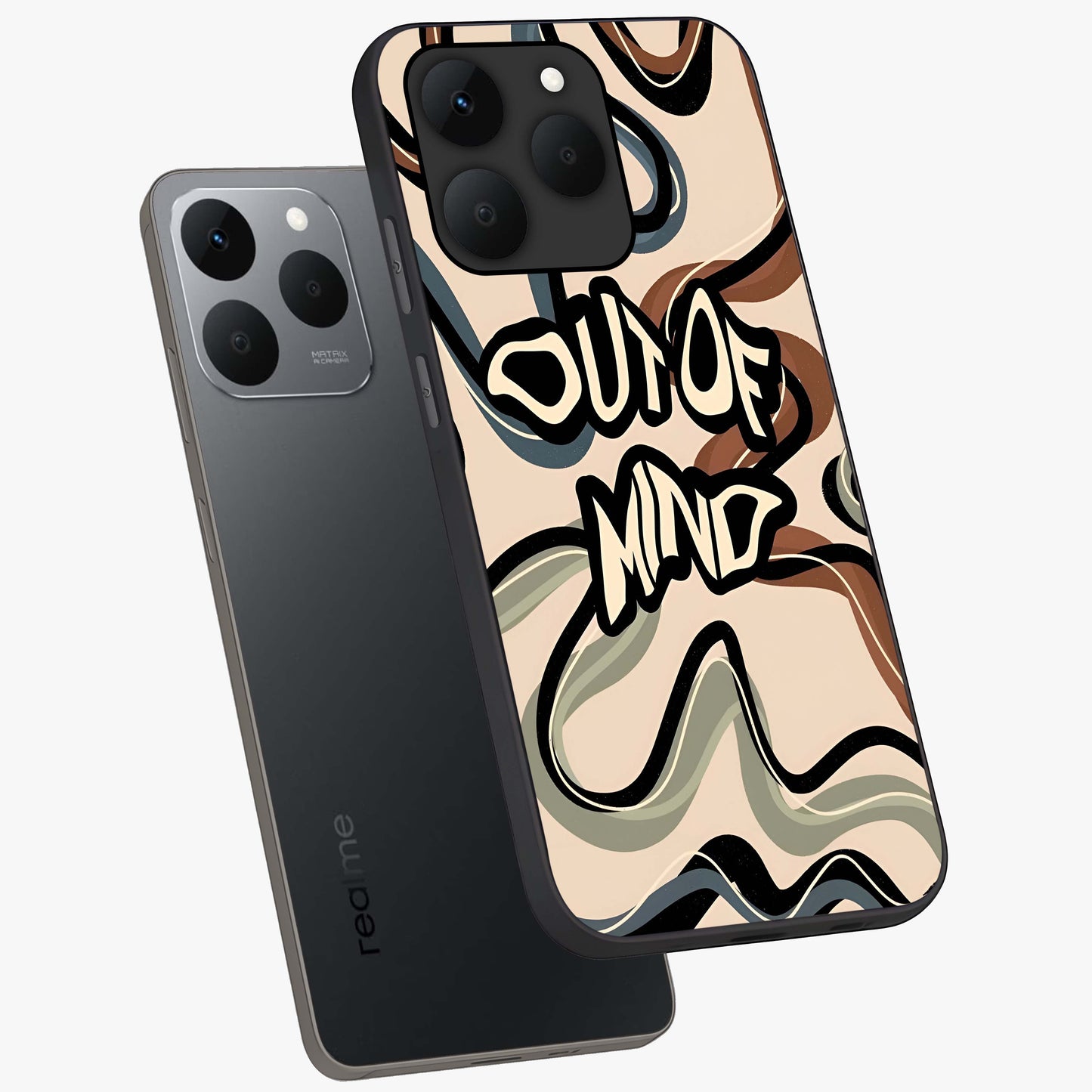 Out Of Mind Glass Case displayed in angled mockup highlighting bold statement design with modern artistic aesthetic.